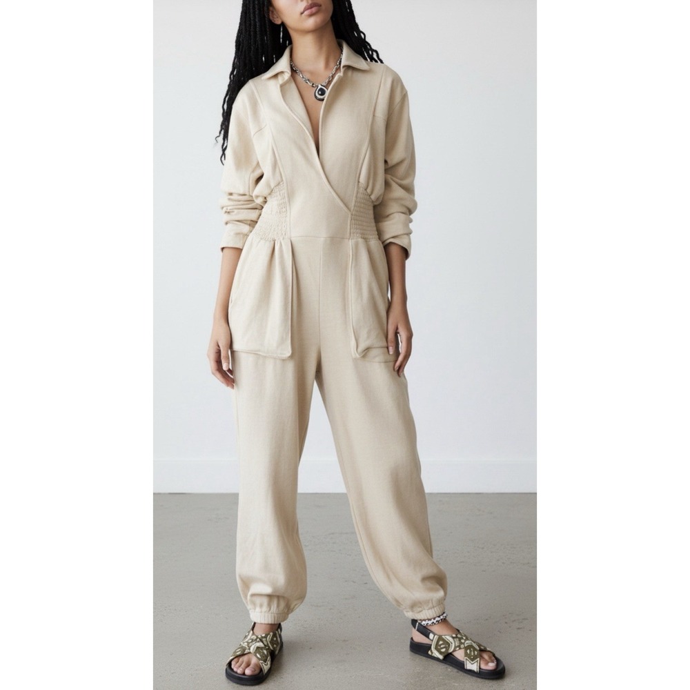 Free People Blair Jumpsuit M Cream Smocked Waist Cotton Knit Boho Loungewear